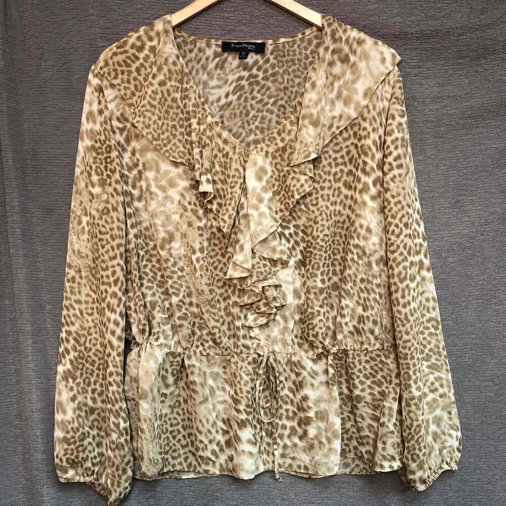 Evan-Picone Sheer Leopard Print Ruffle Front Tie Waist Blouse Womens 18W